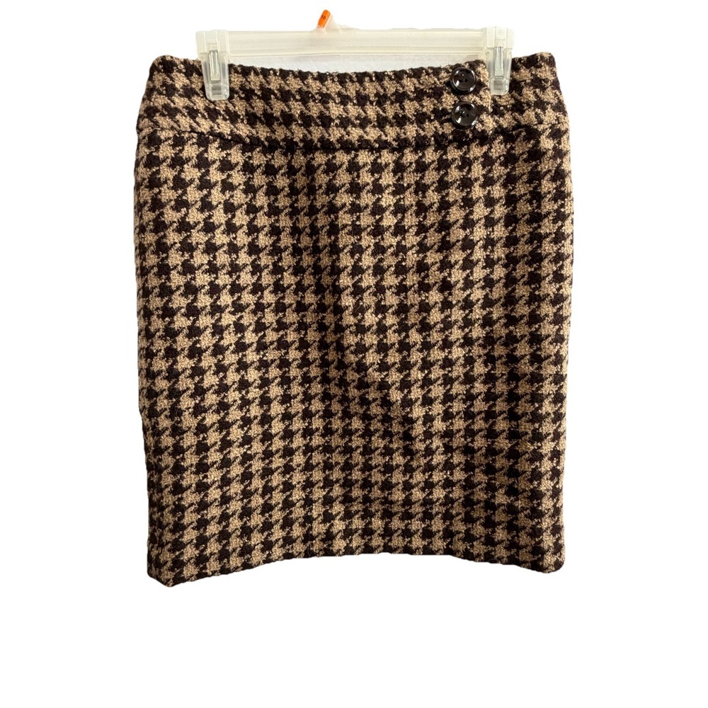 Ann Taylor Petites 10P Brown/Black‎ Houndstooth Pencil Knee Skirt Button